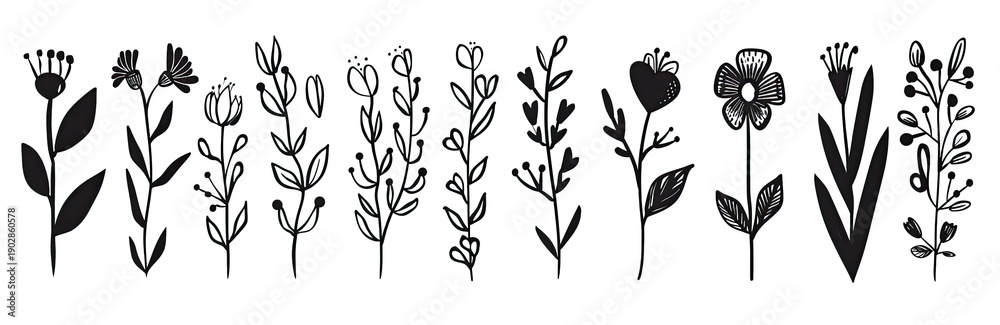 Fototapeta premium Floral botanical hand-drawn sketch art with white background for patterns
