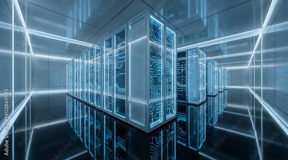 Obraz premium Modern Abstract Glass Server Room with Blue LED Lights
