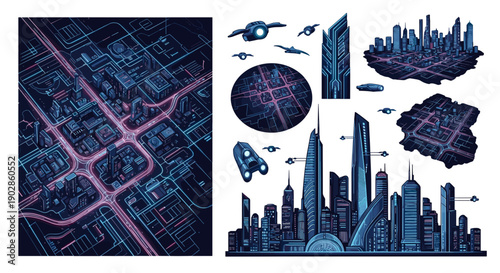 A futuristic cityscape illustration with a space theme and a map of the city on the left
