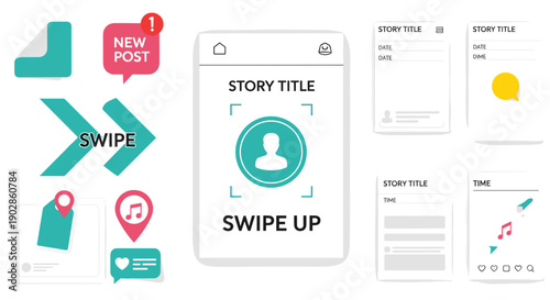 A collection of social media icons and graphics for online engagement and storytelling