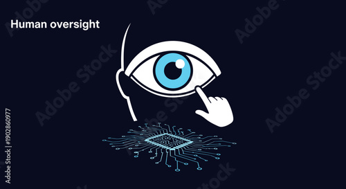 A minimalist vector graphic illustration of a human eye with a computer chip and cursor