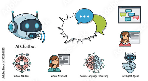 A colorful illustration of an AI chatbot with various related icons and graphics