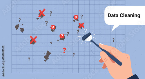 A hand holding a brush cleaning a grid with question marks and errors, representing data cleaning.