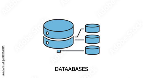 A vector graphic illustration of a database design with a main cylinder and three connected smaller cylinders