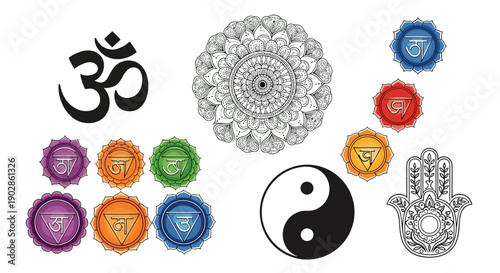 A colorful illustration of various spiritual and yoga symbols on a