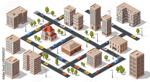A 3D isometric illustration of a city block with buildings and roads on a