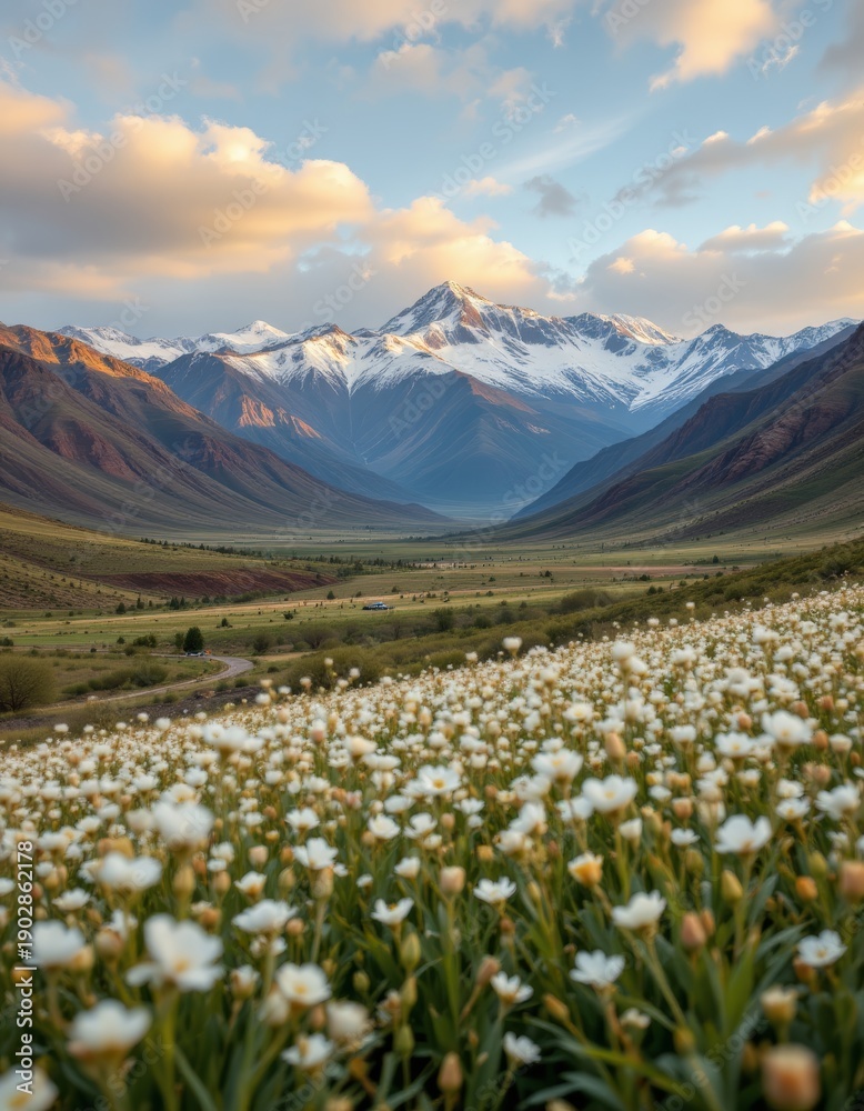Fototapeta premium Mountain Valley with Wildflowers