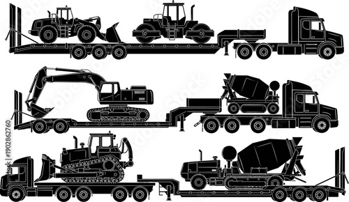 Black silhouettes of heavy construction machinery on flatbed trucks isolated on white background for transport, logistics, engineering, and industrial design illustration set
