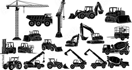 Construction machinery silhouettes set featuring cranes excavators bulldozers loaders dump trucks and industrial vehicles for building engineering infrastructure illustration projects industry