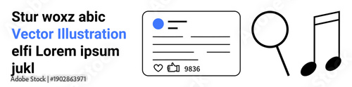 Social media, content creation, analytics, online profiles, search, music trends. A user profile card accompanied by magnifying glass and music note icons. Social media and content creation concepts