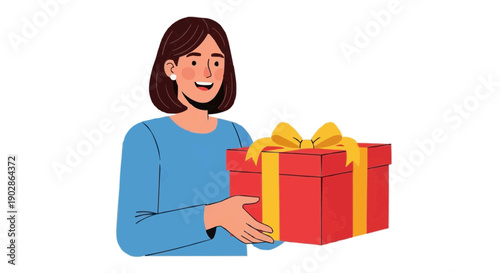 Woman Holding a Red Gift Box with Yellow Bow