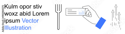 Business growth, culinary services, marketing, progress tracking, branding, professional tools. A hand holds a card, a fork s culinary and arrows indicate progress. Business growth and culinary