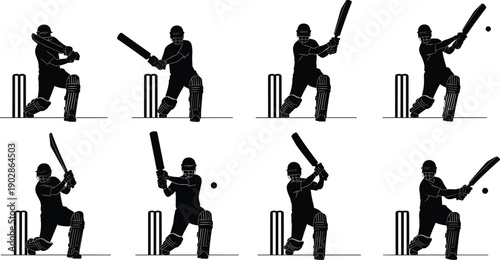 Cricket batsman batting silhouettes set showing shots poses wicket stumps helmet sports action player vector illustration collection