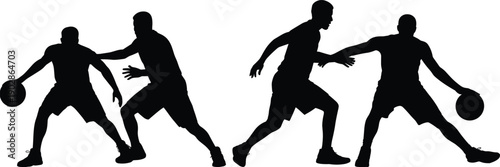 Silhouettes of two pairs of basketball players in action with a basketball each on a white background