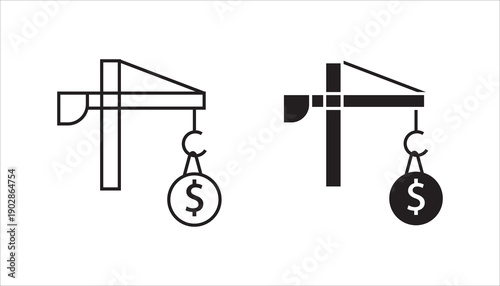 Line icon illustration of a construction crane holding a money bag symbolizing construction investment, development funding, and financial support for building projects.