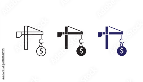 Line icon illustration of a construction crane holding a money bag symbolizing construction investment, development funding, and financial support for building projects.