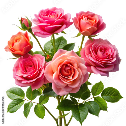 A beautiful bouquet of pink roses in full bloom, showcasing their delicate petals and lush green leaves