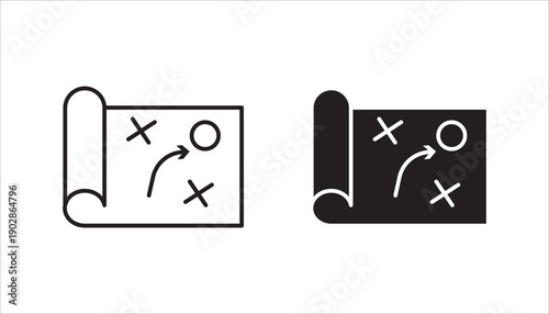 Line icon of a strategy plan with arrows and symbols representing business planning, tactics, analysis, and decision-making processes.