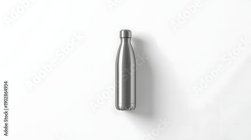 Stainless steel reusable water bottle mockup isolated on light background, minimal product shot with soft shadow, modern eco friendly drink container
