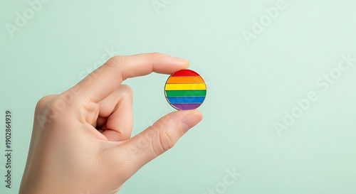 Hand holding a rainbow colored enamel pin