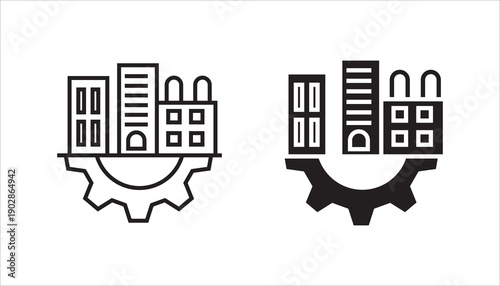 Line icon of urban buildings placed on a gear representing industrial development, manufacturing, city infrastructure, and economic production.