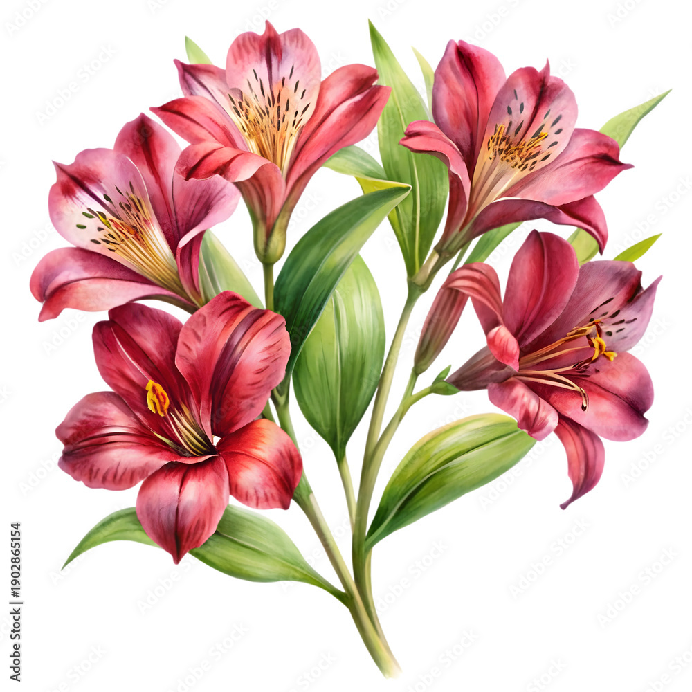 Fototapeta premium A beautiful bouquet of vibrant red alstroemeria flowers with green leaves, painted in watercolor style.