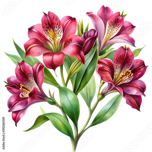 A beautiful bouquet of vibrant red alstroemeria flowers with green leaves, painted in watercolor style.