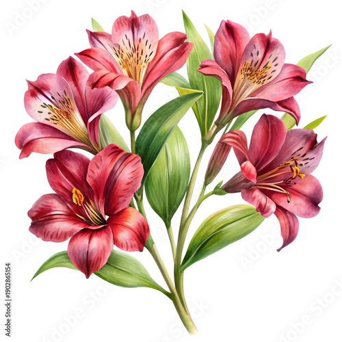 A beautiful bouquet of vibrant red alstroemeria flowers with green leaves, painted in watercolor style.