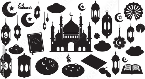 Islamic Ramadan Timing Icon Set Illustrating Mosque Silhouettes, Sunrises for Suhoor, and Crescent Moon Prayer Symbols