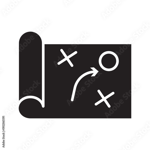 Line icon of a strategy plan with arrows and symbols representing business planning, tactics, analysis, and decision-making processes.