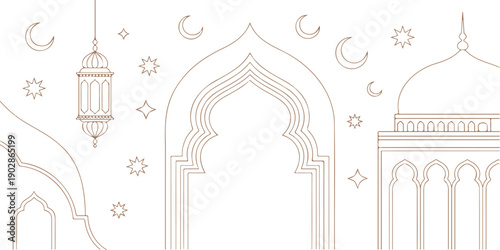 Islamic Ramadan Decorative Line Icon Set Featuring Mosque Arches, Domes, Traditional Lanterns, Crescent Moons, and Star Symbols in Elegant Outline Vector Style