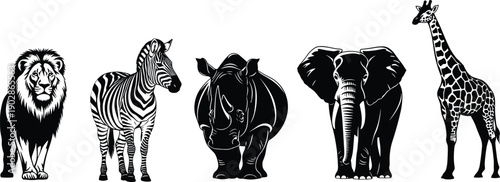 African safari animal silhouettes lion zebra rhinoceros elephant giraffe wildlife vector set isolated black nature illustration collection design