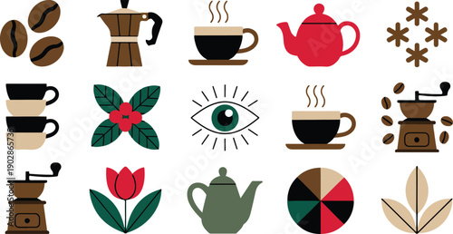 Set of Twenty Modern Abstract Coffee and Botanical Vector Icons in Flat Scandinavian Style