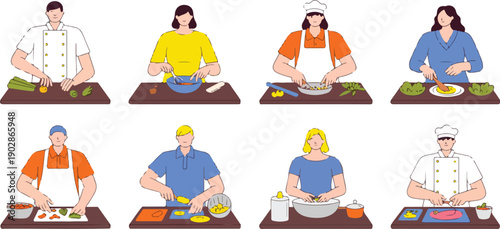 People Cooking Food at Home Vector Illustration Set with Men and Women in Kitchen