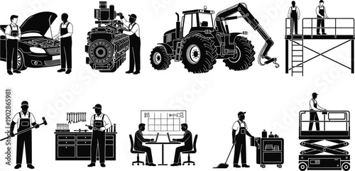 Industrial workers and mechanics silhouette set with tools machinery maintenance repair service equipment construction workshop scenes isolated vector illustration collection