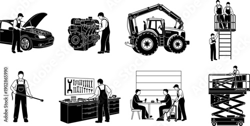 Industrial workers and technicians silhouettes performing maintenance repair and machinery service in workshop construction engineering equipment operations vector illustration set factory industrial 