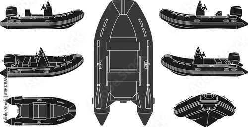 Inflatable RIB boat technical silhouette set showing multiple views, black marine vessel illustration isolated on white background