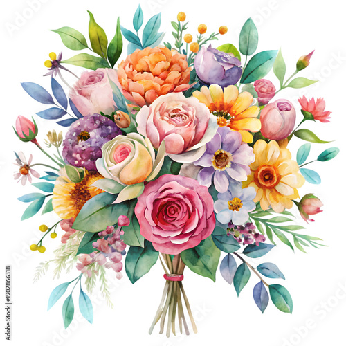 A vibrant watercolor bouquet bursting with a variety of colorful flowers and lush green leaves