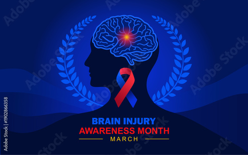 Brain Injury Awareness Month background banner or poster design template. observed every year in March. Brain and ribbon. Great for cards, banners, posters, social media and more.