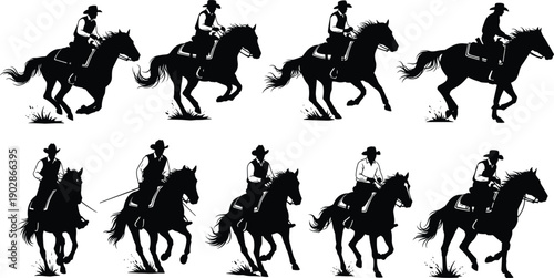 Cowboy riding horse silhouettes western ranch rodeo equestrian vector collection isolated black country wildlife action illustration set design
