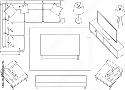 Minimalist black line drawing, architectural of a modern living room layout. The space features a large sectional sofa, a coffee table, tv set and chairs. This clean.
