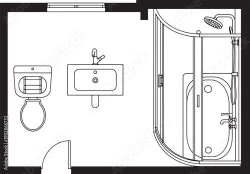 A minimalist top-down illustration captures the essence of a modern bathroom layout, showcasing essential fixtures and spatial harmony.