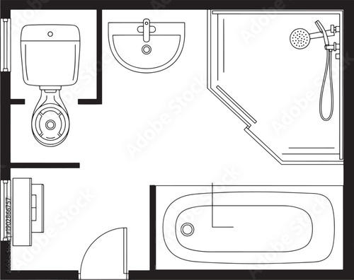 Elegant and functional bathroom layout design with fixtures. 