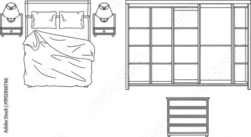 A top-down schematic view showcasing furniture arrangement in a bedroom, featuring a bed, bedside tables, a wardrobe and a chest of drawers. 