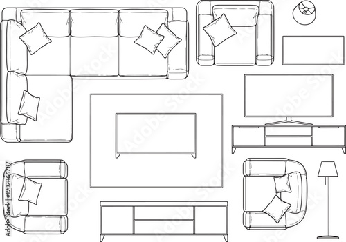 A sophisticated and well-designed living room, offering a top-down view of modern furniture arrangement, showcasing the layout possibilities for a comfortable and stylish living space.