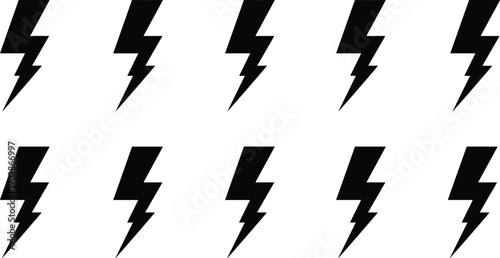 Black lightning bolt icon set electric flash symbols energy power thunder voltage charge storm silhouette vector collection