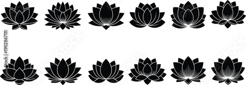 Collection of black lotus flower silhouettes in decorative bloom shapes spiritual yoga symbol vector set isolated on white background