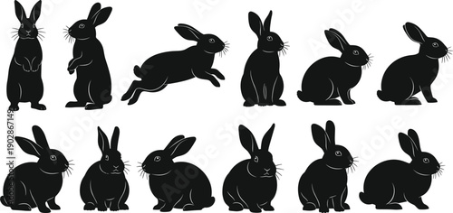 Collection of rabbit silhouettes in various sitting and jumping poses black bunny animal vector set isolated on white background