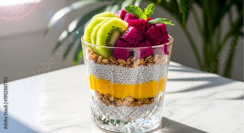 Healthy chia pudding parfait with granola mango puree kiwi and dragon fruit. Fresh vegan breakfast superfood dessert in glass on sunny white table background.