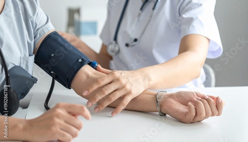 Doctor checks patient's blood pressure with cuff and stethoscope in a medical
